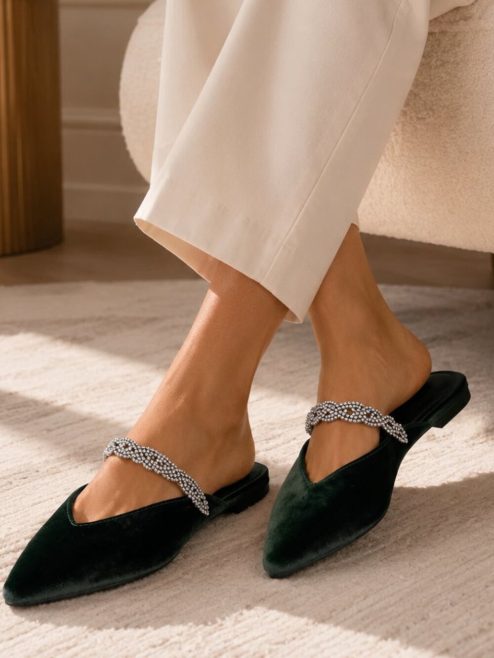 Birdies Emerald Green Velvet Pointed Toe Mules with Crystal Strap